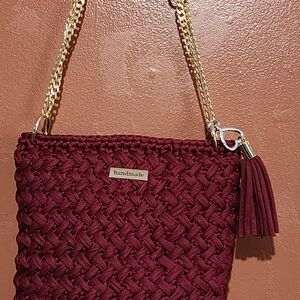 Handmade Burgundy Woven Bag with Gold Chain